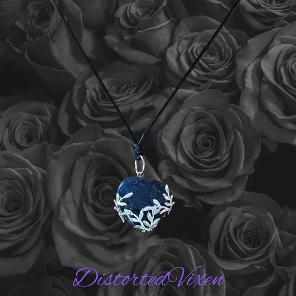 Lapis Lazuli Leaf Pendant Necklace – Silver Leaf Wrapped Blue Stone Black Cord - Picture 2 of 7